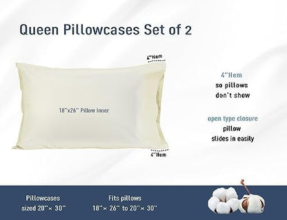 Pillow Cases 100% Cotton Percale Standard Queen Size Set of 4, Cream