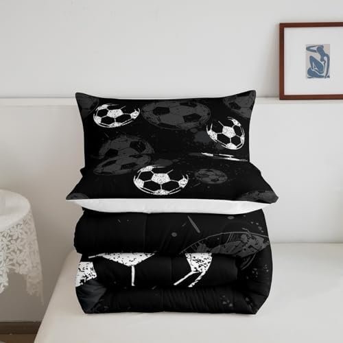 Castle Fairy Football Bedding King Size Soccer Comforter Sets for Boys Sports Ball Game Themed Room Decor Kids Teens Black Grey Microfiber All-Season Down Comforter 3 Piece with 2 Pillow Shams