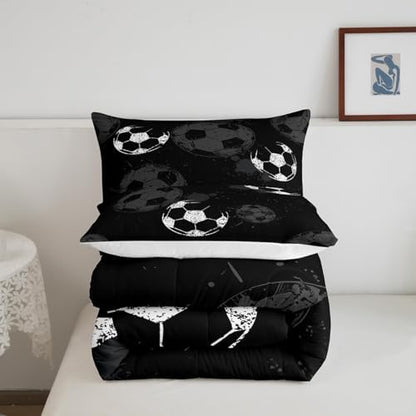 Castle Fairy Football Bedding King Size Soccer Comforter Sets for Boys Sports Ball Game Themed Room Decor Kids Teens Black Grey Microfiber All-Season Down Comforter 3 Piece with 2 Pillow Shams