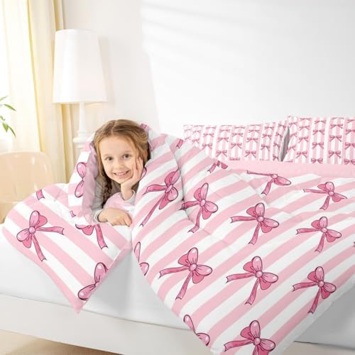 jejeloiu Pink Bow Bedding Set Soft for Boys Girls, Bowknot Comforter Set Toddler Size Bow-tie Duvet Quilt Microfiber Colourful Bowknot Bedroom Decor 2 Pcs with 1 Pillow Cases
