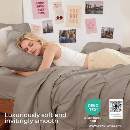 Sasttie Twin XL Comforter Set, 5-Piece Bed in a Bag, Pintuck Bedding Sets for All Season, Includes Comforter, Flat Sheet, Fitted Sheet, Pillowcase and Pillowsham, Dark Linen