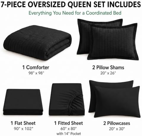 HIMEET Oversized Queen Comforter Set, 7-Piece Seersucker Bed in a Bag Black