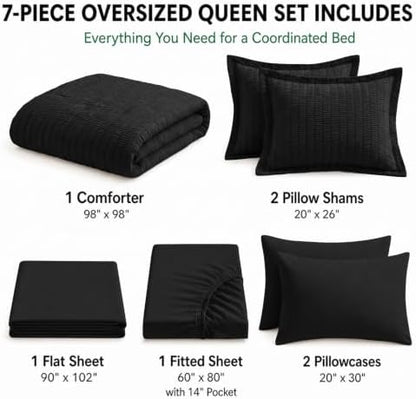 HIMEET Oversized Queen Comforter Set, 7-Piece Seersucker Bed in a Bag Black