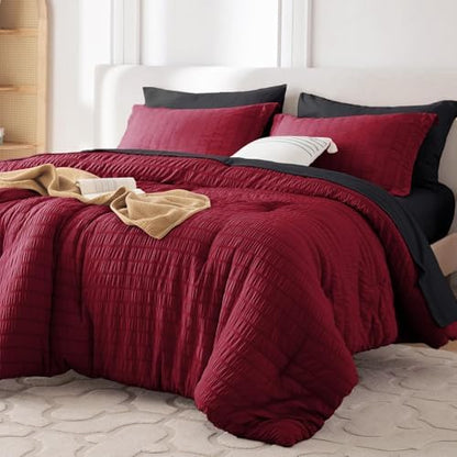MUXHOMO 5 Pieces Twin XL Comforter Set, Seersucker Bed in a Bag Twin XL Size, All Season Luxury Bedding Set with Comforter, Flat Sheet, Fitted Sheet, Pillowcase & Sham, Red & Black