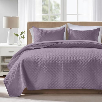 FLYMME Quilts King Size,Lightweight Grayish Purple Bedspreads,Basket Weave Pattern,Ultra Soft Microfiber Bed Coverlet 3 Pieces for All-Seasons (1 Quilt,2 Pillow Shams)
