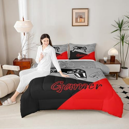 Feelyou Gamer Comforter Set for Boys Teens Gaming Bedding Set Video Game Contoller Home Decor for Kids Down Alternative Comforter King Size 3 Pieces 1 Comforter with 2 Pillowcases