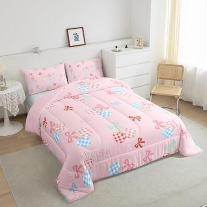Homewish Pink Cherry Comforter Set King Size,Colorful Check Cherry Bedding Sets for Kids Girls Boys Adult Room Decor,Blue Pink Bowknots Down Comforter Cute Princess Style Quilt Set,2 Pillowcases