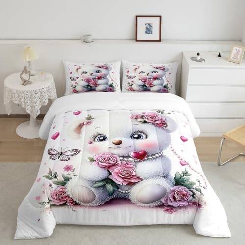 Feelyou Kids Cute Bear Comforter Set Twin Size Pink Rose Butterfly Love Heart Bedding Set Boys Girls Flowers Floral Quilt Set Cartoon Kawaii Animal Pattern Bed Set
