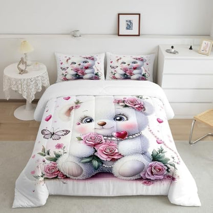 Feelyou Kids Cute Bear Comforter Set Twin Size Pink Rose Butterfly Love Heart Bedding Set Boys Girls Flowers Floral Quilt Set Cartoon Kawaii Animal Pattern Bed Set