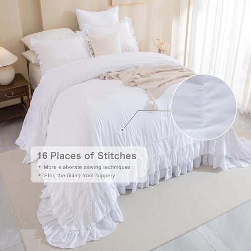 Masaca White Oversized King Comforter 120x98,Farmhouse Shabby Boho Chic Ruffle California King Comforter Set 3 Pieces French Country Rustic Bedding (1 Ruffled Comforter+2 Pillow Shams)