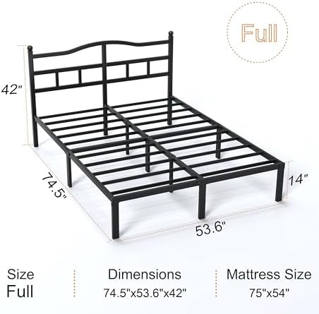 Snaye 14 Inch Full Size Bed Frame with Headboard, Heavy Duty Metal Platform Bed Frame Full Size Mattress Foundation with Sturdy Steel Slats, Easy Assembly Noise Free