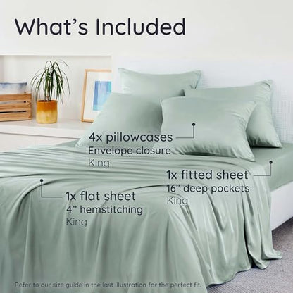 Bambaw King Sheet Set 6pcs – 100% Viscose Derived from Bamboo Sheets King Size Deep Pocket, Fits Up to 16'' with Elastic Corner Straps, Soft Cooling Sheets for Hot Sleepers (Sea Glass)