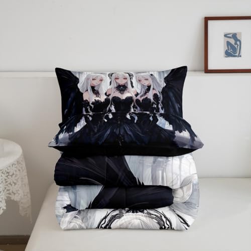 Erosebridal Japanese Anime Twin Size Comforter Set, Anime Girl Bedding Set Kawaii Japanese Style Quilt Cartoon Japan Animation Duvet Insert for Boys Teens Adult Women Bedroom Decor, Black