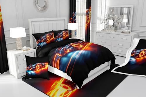 Erosebridal Boys Race Car Full Bedding Set Kids Racing Car Comforter Extreme Sports Bed Set for Teens Cool Car Room Decor Car Sports Quilt Set 1 Comforter Set with 2 Pillowcases,Black Blue Orange