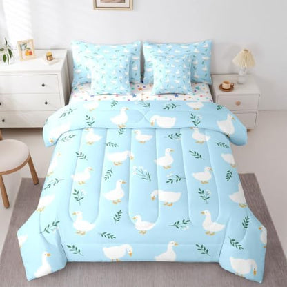 Erosebridal Cute Silly Goose Twin Size Bedding Set Boys Cartoon Ducks 7 Pieces Comforter Set with Sheets for Kids Teens Funny Animals Bed in a Bag Light Blue Farmhouse Floral Bed Sets
