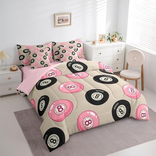 Erosebridal Kids Lucky Trendy 8 Ball 7 Piece Bedding Set King Girly Fashion Y2K Comforter Set for Girls Coquette Room Decor,Pink Black Lucky 8 Ball Bed in A Bag with Sheets Funky Preppy Bed Set