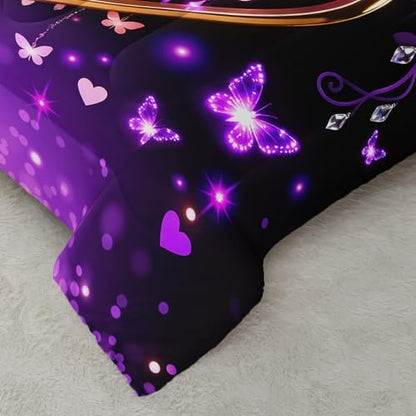 QOOMO Purple Love Heart Kids Comforter Set Queen Size