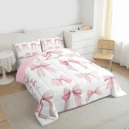 jejeloiu Watercolor Bow Bedding Set Soft for Boys Girls, Cute Pink Bowknot Comforter Set Queen Size Girls Bow Duvet Quilt Microfiber Bedroom Decor 3 Pcs with 2 Pillow Cases