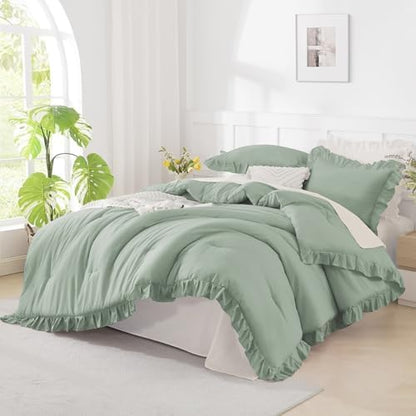 Andency Green Ruffle Comforter Twin Size, 2 Pieces Soft Bed Set