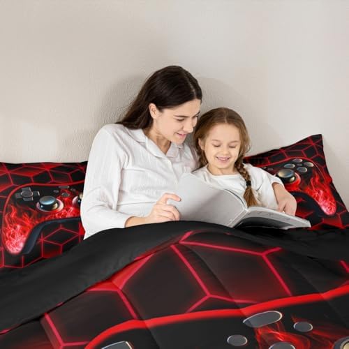 Red Neon Geometric 3D Geometric Comforter Set - Flame Gaming Console Gamer Decor for Boys Bedroom