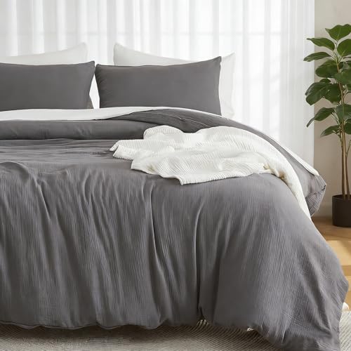 EMME Muslin Cotton Duvet Cover Set Linen Like Dark Grey Queen
