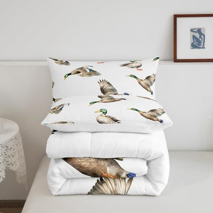 Feelyou Mallard Duck Bedding Set Hunting and Fishing Comforter Set Wild Animal Comforter for Boys Girls Kids Wildlife White Duvet Set Full Size with 2 Pillow Case