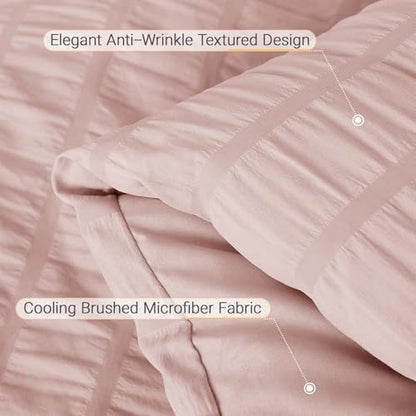 MUXHOMO 7 Pieces Oversized King Comforter Set, Seersucker Bed in a Bag Oversized King Size, All Season Luxury Bedding Set with Comforter, Flat Sheet, Fitted Sheet, Pillowcases & Shams, Rose Gold