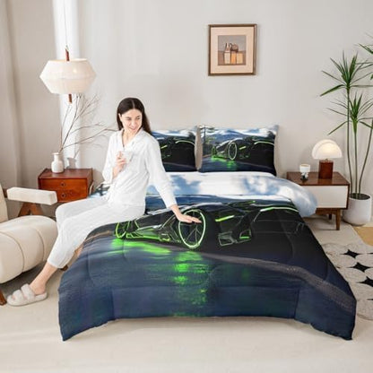 Erosebridal 3Pcs Green Race Car Comforter Set Full Size Black Sports Cars Bedding Sets for Boy Car Room Decor 3D Geometric Bed in A Bag with 1 Comforter,2 Pillowcases,All Season