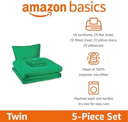 Amazon Basics 5-Piece Soft Microfiber Kid's Bed-in-a-Bag Bedding Set, Twin, Green, Solid