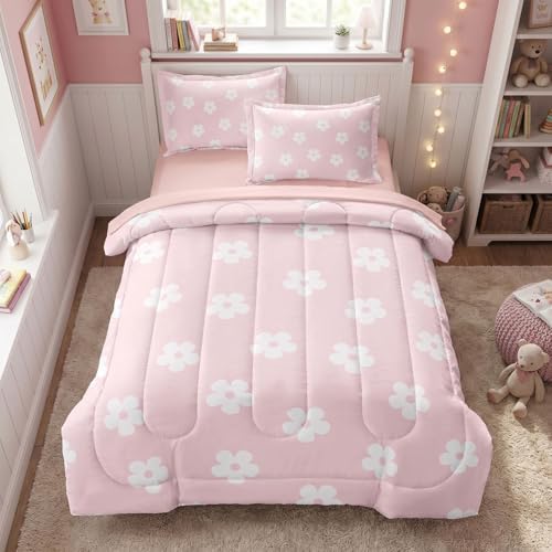 Pink Twin Bedding Sets for Girls Cute Floral Comforter Set with Sheets, 5 Pieces Kids Girl Bed in a Bag Room Decor, White Pink, Twin Size