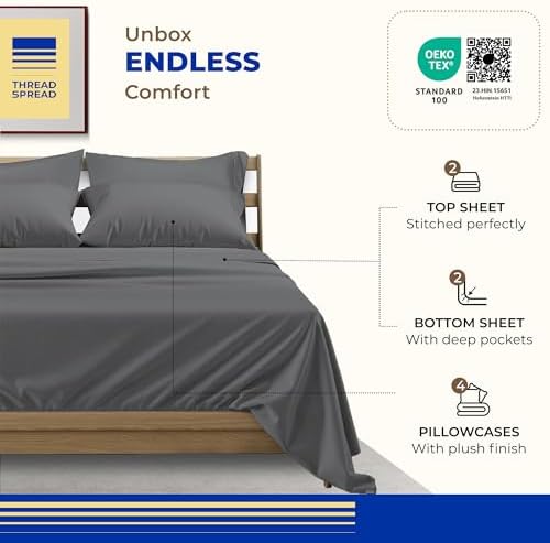 THREAD SPREAD Egyptian Cotton Sheets Queen Size Pack of 2-1000 Series High Thread Count Cotton Queen Sheet Set (8 PC, Dark Grey) 16" Snug Fit Deep Pocket, Sateen Weave Ultra-Soft Hotel Luxury Sheets