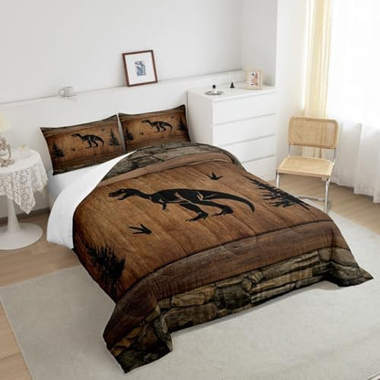 Manfei Dinosaur Kids Comforter Set Twin Size, Wild Animal Bedding Set for Boys Adults Bedroom Decor, Rustic Farmhouse Brown Wooden Plank Down Comforter, Soft Polyester Quilt Set, 1 Pillowcase