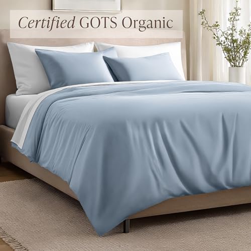 Bare Home 100% Organic Cotton Sateen Duvet Cover Set (Queen, Dusty Blue)