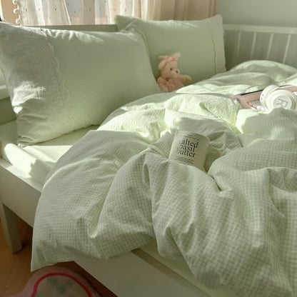 VM VOUGEMARKET Green Gingham Grid Duvet Cover Queen 3 Pieces White Lace Duvet Cover with 2 Pillowcases Green Plaid Comforter Cover Romantic Cozy Bedding Set for Girls