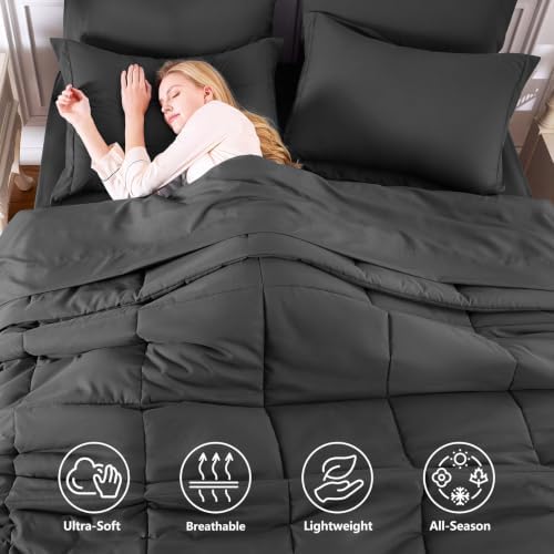 CozyLux King Size Comforter Set, 7-Piece Bed in a Bag, Dark Grey