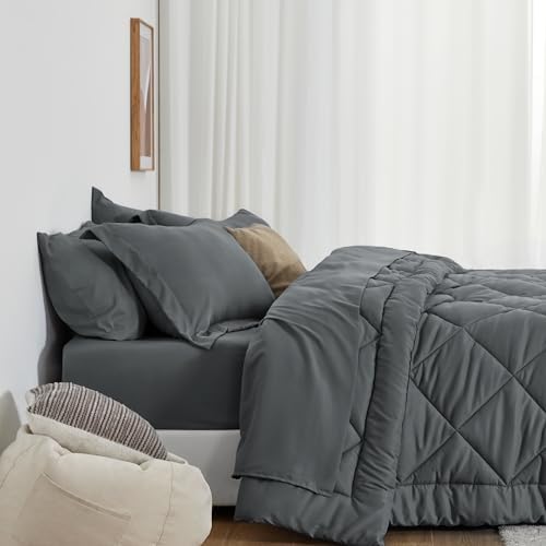 Love's cabin Oversized Queen Comforter Set Dark Grey, 7 Pieces Bed in a Bag, All Season Queen Bedding Sets with 1 Comforter, 1 Flat Sheet, 1 Fitted Sheet, 2 Pillowcase and 2 Pillow Sham
