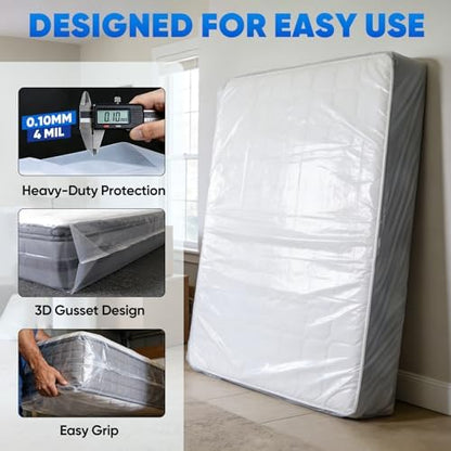 TICONN 2PK Plastic Mattress Bags for Moving, Waterproof Mattress Cover
