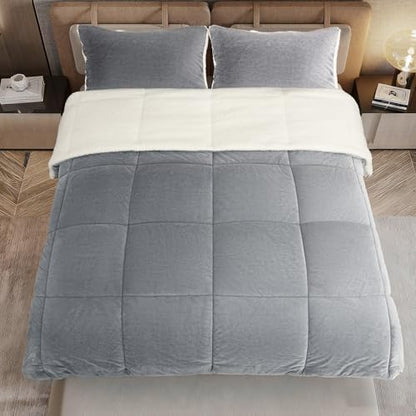 Fluffy Sherpa Queen Comforter Set, Thick Bedding Set 3 Pieces, Light Grey