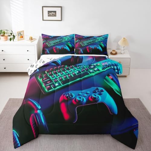 Feelyou Gamer Comforter Set All Season Gaming Bedding Set with 2 Pillow Cases Game Room Decor Microfiber Kids King Bedclothes Gamepad Bedroom Decor Green Duvet Quilt Breathable Soft Lightweight