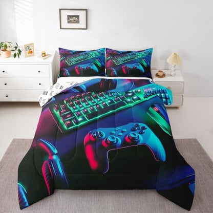 Feelyou Gamer Comforter Set All Season Gaming Bedding Set with 2 Pillow Cases Game Room Decor Microfiber Kids King Bedclothes Gamepad Bedroom Decor Green Duvet Quilt Breathable Soft Lightweight