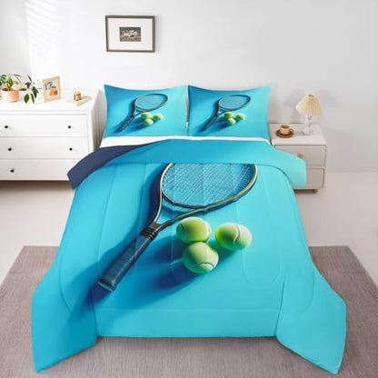 Castle Fairy Tennis Racket Comforter Set King Size American Sports Ball Gaming Bedding Set Kids Boys Girls Tennis Balls All Season Quilt Set Sport Competition Bedding Comforter Sets,3Pcs
