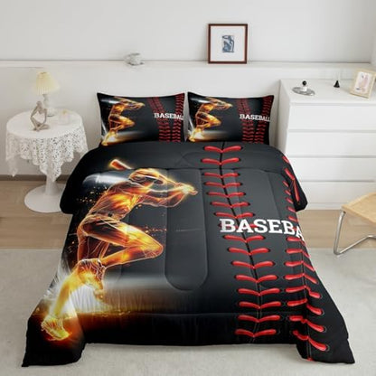 Erosebridal Baseball Bedding Set, Golden Athlete Comforter Set King Size, Sports Games Down Comforter for Kids Boys Girls Bedroom, Glitter Outer Space Duvet Insert for Living Room
