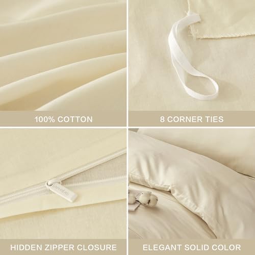 SAPHREAS 100% Washed Cotton Duvet Cover King Size Set, Linen Like Comforter Cover with Zipper Closure & Corner Ties (No Comforter), 104x90 Cream