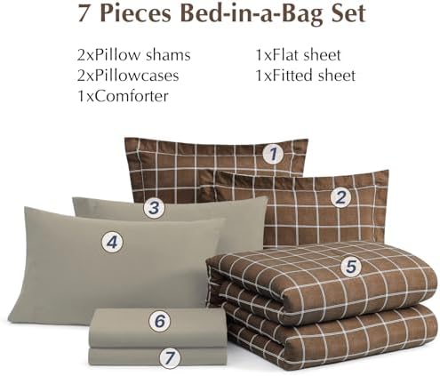 Plaid Full Size Comforter Set Brown 7 Pieces Reversible Bed in a Bag