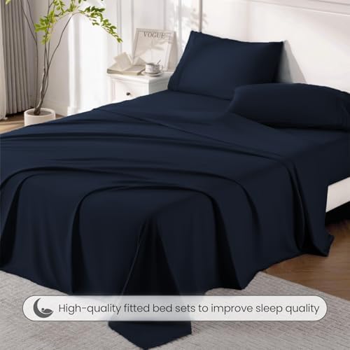 ROSE&RISY Navy Queen Sheet Set, 4 Pieces Soft Bedding King Sheet Set, Breathable and Cooling Sheet Bed Set, Includes 1 Fitted Sheet, 1 Flat Sheet, 2 Pillowcases - Deep Pocket (Navy, Queen Size)