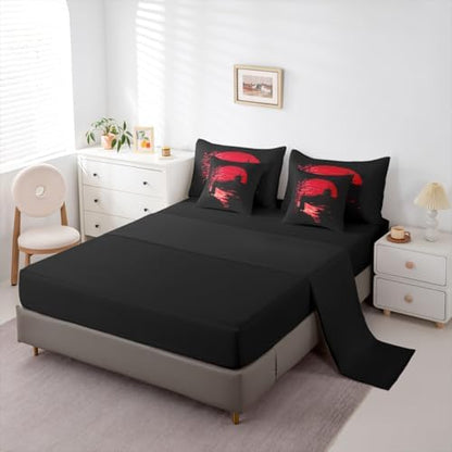 Erosebridal Samurai King Comforter Set 7 Pieces, Sunset Bed in A Bag for Bedroom, Kids Boys Teens Men Japanese Bedding Set with Comforters, Sheets, Pillowcases Scenery Silhouette Bedroom Decor