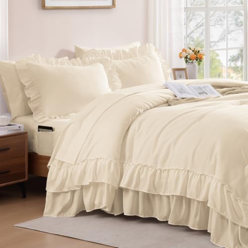Full Comforter Set Whisper White Ruffle 7 Pieces Farmhouse Bed in a Bag