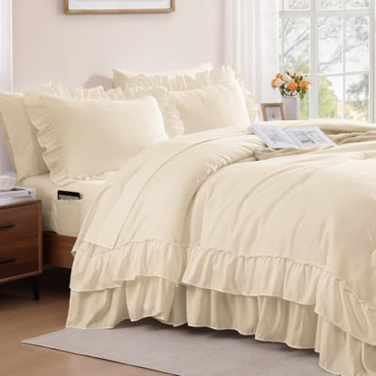 Full Comforter Set Whisper White Ruffle 7 Pieces Farmhouse Bed in a Bag