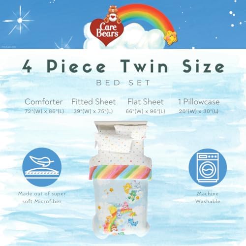 Care Bears Classic Super Soft Cozy Reversible Microfiber Comforter and Sheet Set, 4 Piece Twin Size, (Official Licensed Product) By Franco Collectibles