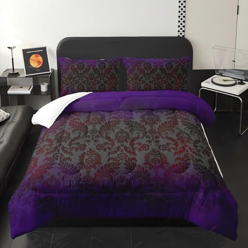 Black Purple Paisley Floral Victorian Gothic Comforter Set Twin，Gothic Bedding Set Twin Purple，with 1 Comforter with 2 Pillow Case，Halloween Room Decor for Bedroom